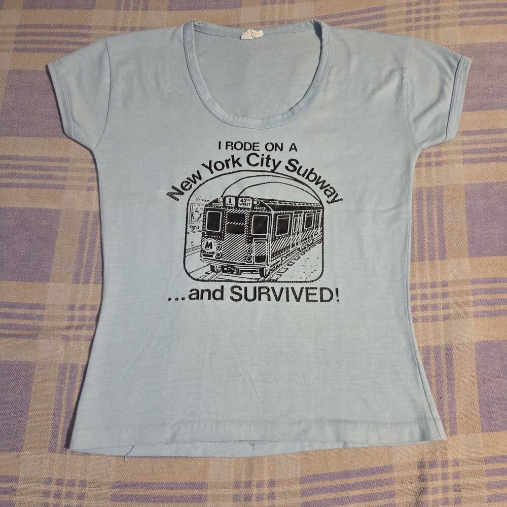 Vintage 70s New York City NYC Manhattan Subway Survived Womens Baby Tee T Shirt